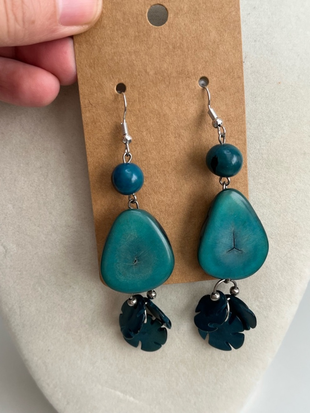Blue Tagua nut dangle earrings 3”
